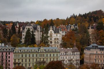 Naklejka premium Charming autumn view of the mysterious city of Karlovy Vary in the Czech Republic