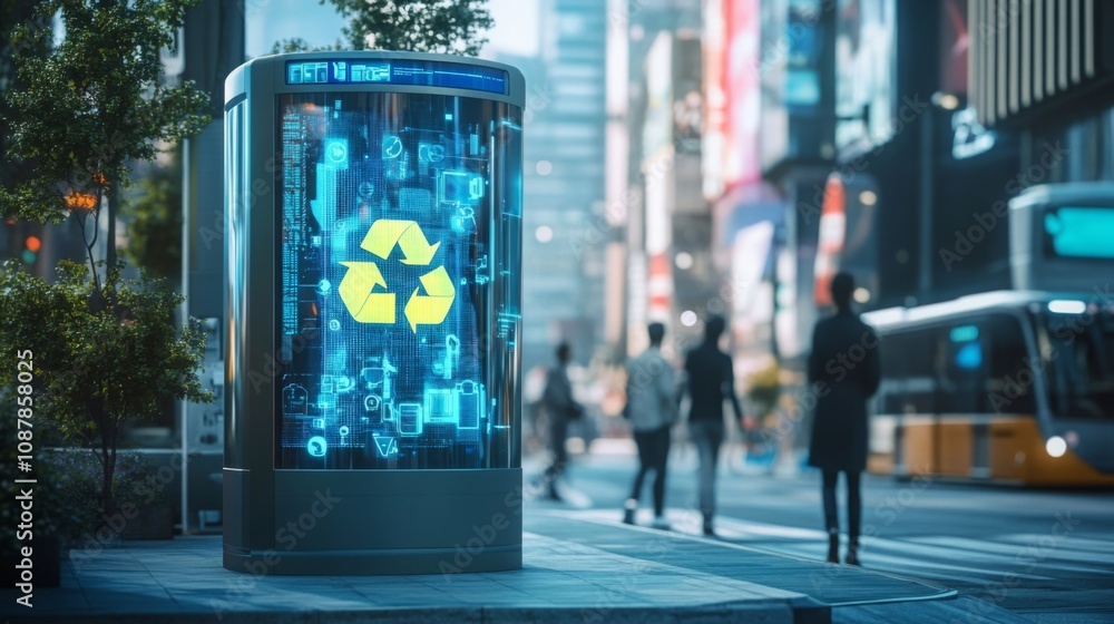 Poster a smart recycling station is positioned in a busy city area, illuminated with bright lights and surr