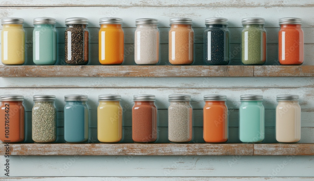 Poster a row of colorful jars filled with paint displayed on a wooden shelf in a bright studio