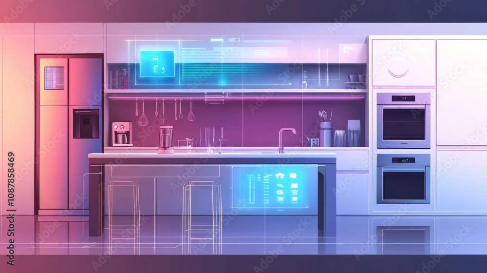 Poster a sleek kitchen equipped with smart appliances demonstrates advanced technology designed for efficie