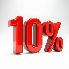 Vibrant 3D image of bold, glossy red text showing '10%' on a pure white background. The text features a sleek and modern design, with reflective and hyper-realistic details ideal for promotional and m