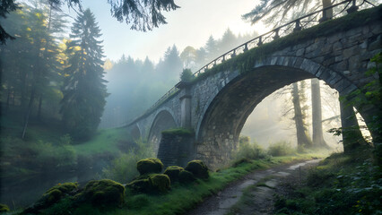 Fototapeta premium Ethereal stone bridge over a misty river surrounded by dense forest and soft light filtering through trees