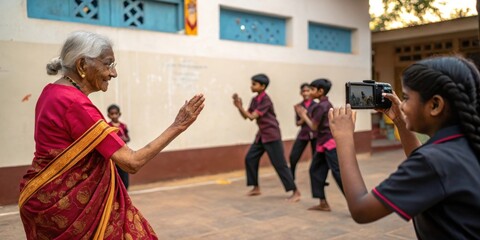 Elderly indian woman in a sari dances while a student takes photos with a digital camera, capturing cultural expression and connection in a schoolyard