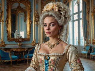 A woman in a room, dressed in clothing and styled with a hairstyle reminiscent of King Louis XIV's era, embodying the grandeur of the French Baroque period