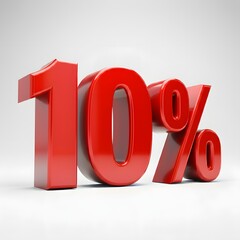 Vibrant 3D image of bold, glossy red text showing '10%' on a pure white background. The text features a sleek and modern design, with reflective and hyper-realistic details ideal for promotional and m