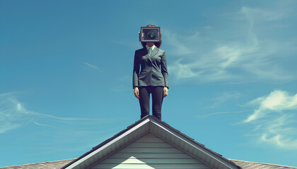 Faceless businesswoman with camera zoom instead of head standing on house roof