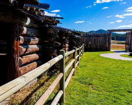 The Original Log Houses inside of Replica of Historic Gordon Stockade, Custer State Park, South Dakota, USA