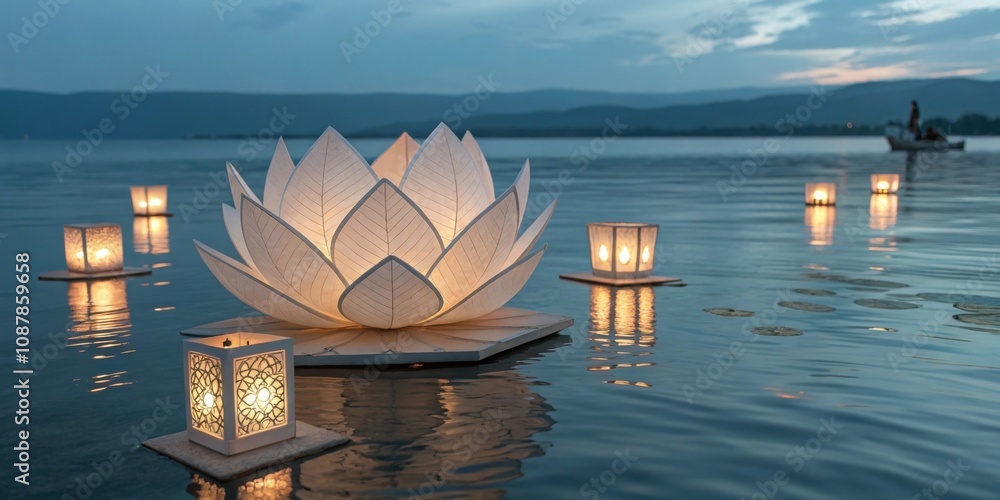 Poster floating serenity a calming illustration of a minimalist s sculpture on placid waters with soft lant