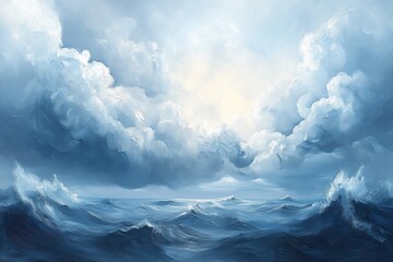 Dramatic stormy ocean and cloudy sky painting