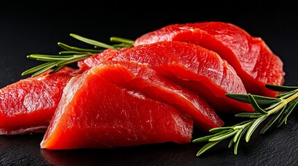 A piece of raw tuna with a sprig of rosemary on a black surface