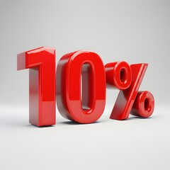 Vibrant 3D image of bold, glossy red text showing '10%' on a pure white background. The text features a sleek and modern design, with reflective and hyper-realistic details ideal for promotional and m