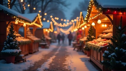 Blurred background of a cozy Christmas evening outdoor market with warm glowing lights