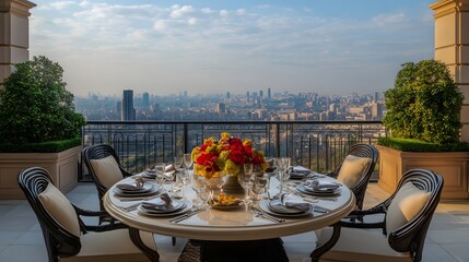 Fototapeta premium A table set on a terrace overlooking an impressive landscape