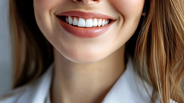 Close up cropped profile portrait of qualified doctor woman lick teeth white coat isolated on grey color background Video