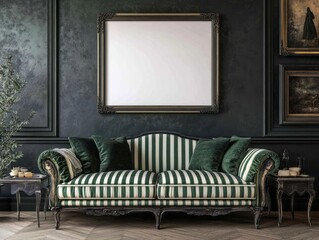 Obraz premium Elegant Green Striped Sofa with Ornate Frame and Artwork
