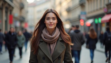 Fototapeta premium A woman with long hair strolls confidently down a busy city street, dressed warmly for the weather. She smiles while people pass by, creating an energetic atmosphere