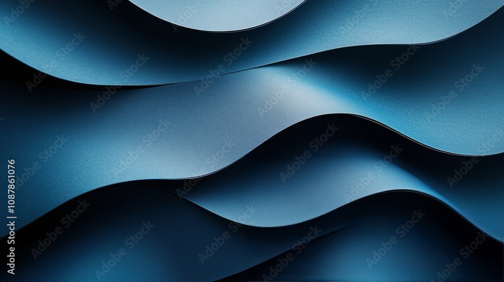 Poster textured blue waves of paper create an abstract design forming elegant curves and shapes