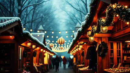 Fototapeta premium A festive market with wooden stalls, string lights, and snowflakes falling gently