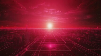 Crimson Cityscape: A Futuristic Sunrise