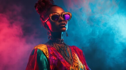 A young woman with a colorful patterned top, sunglasses, and jewelry stands in front of a backdrop of pink and blue smoke.