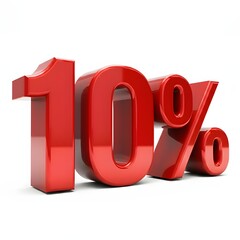 Vibrant 3D image of bold, glossy red text showing '10%' on a pure white background. The text features a sleek and modern design, with reflective and hyper-realistic details ideal for promotional and m