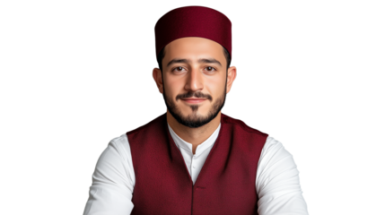Young man in traditional attire smiling on transparent background