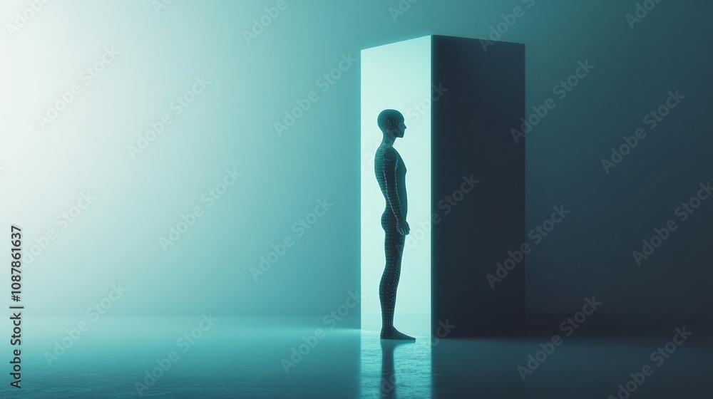 Aufkleber a person gazes into a digital mirror, seeing the reflection of a robotic figure in a misty, illumina