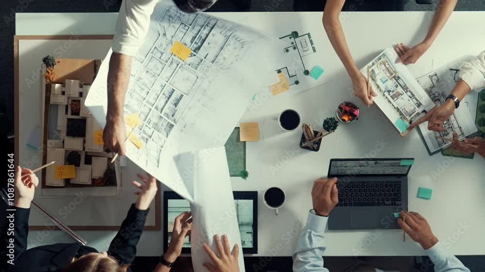 Poster group of diverse team planning strategy while sitting at table with project plan. top aerial view of