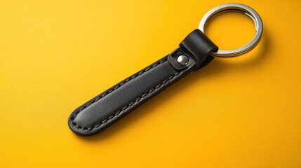 Obraz premium Stylish Simple Black Leather Keychain on a Pastel Yellow Background Perfect for Fashion Accessories and Gift Giving