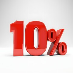 Vibrant 3D image of bold, glossy red text showing '10%' on a pure white background. The text features a sleek and modern design, with reflective and hyper-realistic details ideal for promotional and m