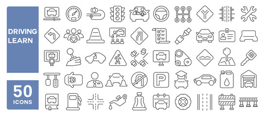 Set of 50 line icons related to driving learn, car, control, vehicle, drive, rules, examination, test, auto, license, Editable stroke. Vector illustration
