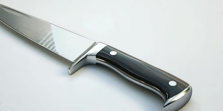 Shiny stainless steel kitchen knife, white background, 4K Video