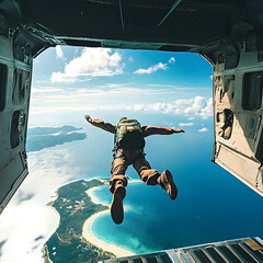 Military paratrooper jumping from airplane over tropical island