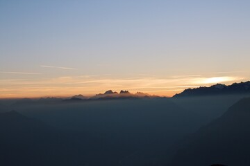 Sunrise Over Misty Alpine Mountain Range, Switzerland 