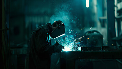 Man Industrial welder worker using a welding torch on metal in a factory. welding worker team working arc weld metal joint production in heavy industry danger and risk workplace with eyes safety