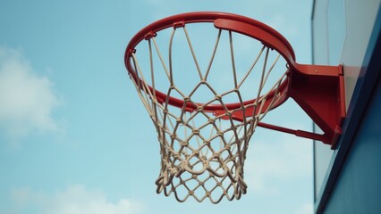 A bright basketball hoop under a clear sky, inviting youthful games in the afternoon