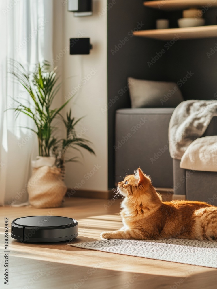 Poster a cozy pet-friendly space features a smart feeding station with a relaxed cat basking in sunlight by