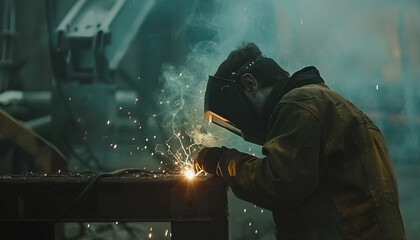 Man Industrial welder worker using a welding torch on metal in a factory. welding worker team working arc weld metal joint production in heavy industry danger and risk workplace with eyes safety