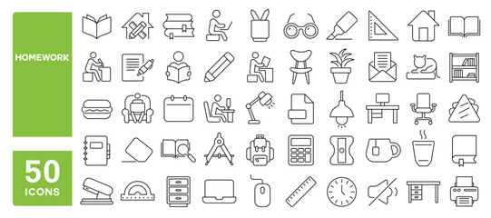 Set of 50 line icons related to homework, book, house, lesson, exam, study, student, notebook, schoolwork, classwork, Editable stroke. Vector illustration