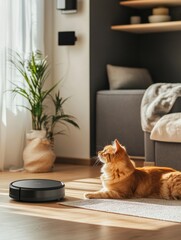 A cozy pet-friendly space features a smart feeding station with a relaxed cat basking in sunlight by the window. Generative AI