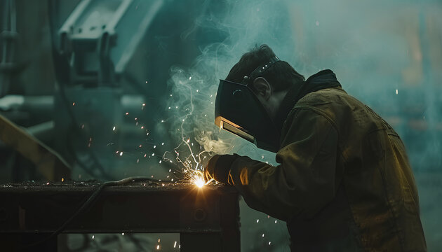 Man Industrial welder worker using a welding torch on metal in a factory. welding worker team working arc weld metal joint production in heavy industry danger and risk workplace with eyes safety