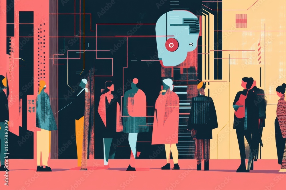 Poster individuals stand together, interacting and observing a large, abstract ai system at a technology ex