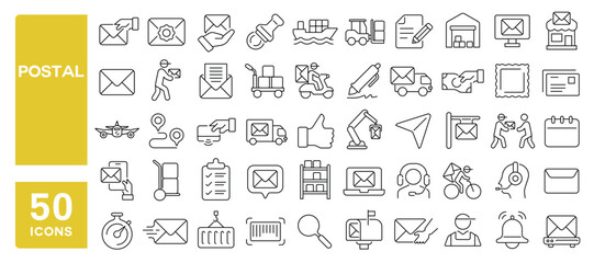 Set of 50 line icons related to postal, envelope, mail, shipping, stamp, truck, delivery, parcel, paper, post, Editable stroke. Vector illustration