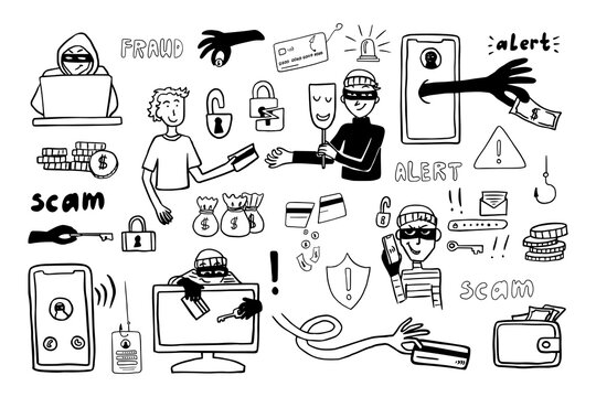 Set of bank thieves, phone fraudster and computer scammers in doodle style. Bank card, credit card, safe deposit, cheater, alarm system, fishing, scam, alert, finance, bag money. Hand drawn