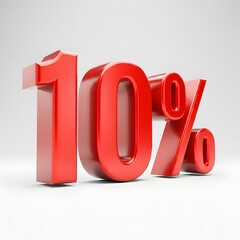 Vibrant 3D image of bold, glossy red text showing '10%' on a pure white background. The text features a sleek and modern design, with reflective and hyper-realistic details ideal for promotional and m