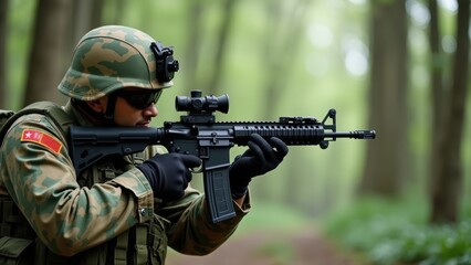 A soldier, clad in camouflage attire, is poised with a rifle in a thick forest, demonstrating tactical focus during early morning military drills