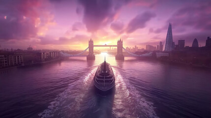 Ship Passing Under Tower Bridge at Sunset With City Skyline.