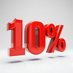Vibrant 3D image of bold, glossy red text showing '10%' on a pure white background. The text features a sleek and modern design, with reflective and hyper-realistic details ideal for promotional and m