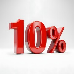 Vibrant 3D image of bold, glossy red text showing '10%' on a pure white background. The text features a sleek and modern design, with reflective and hyper-realistic details ideal for promotional and m