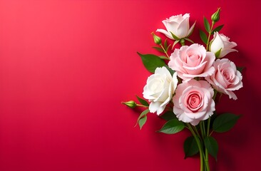 Beautiful bouquet of pink roses on red background. Copy space.